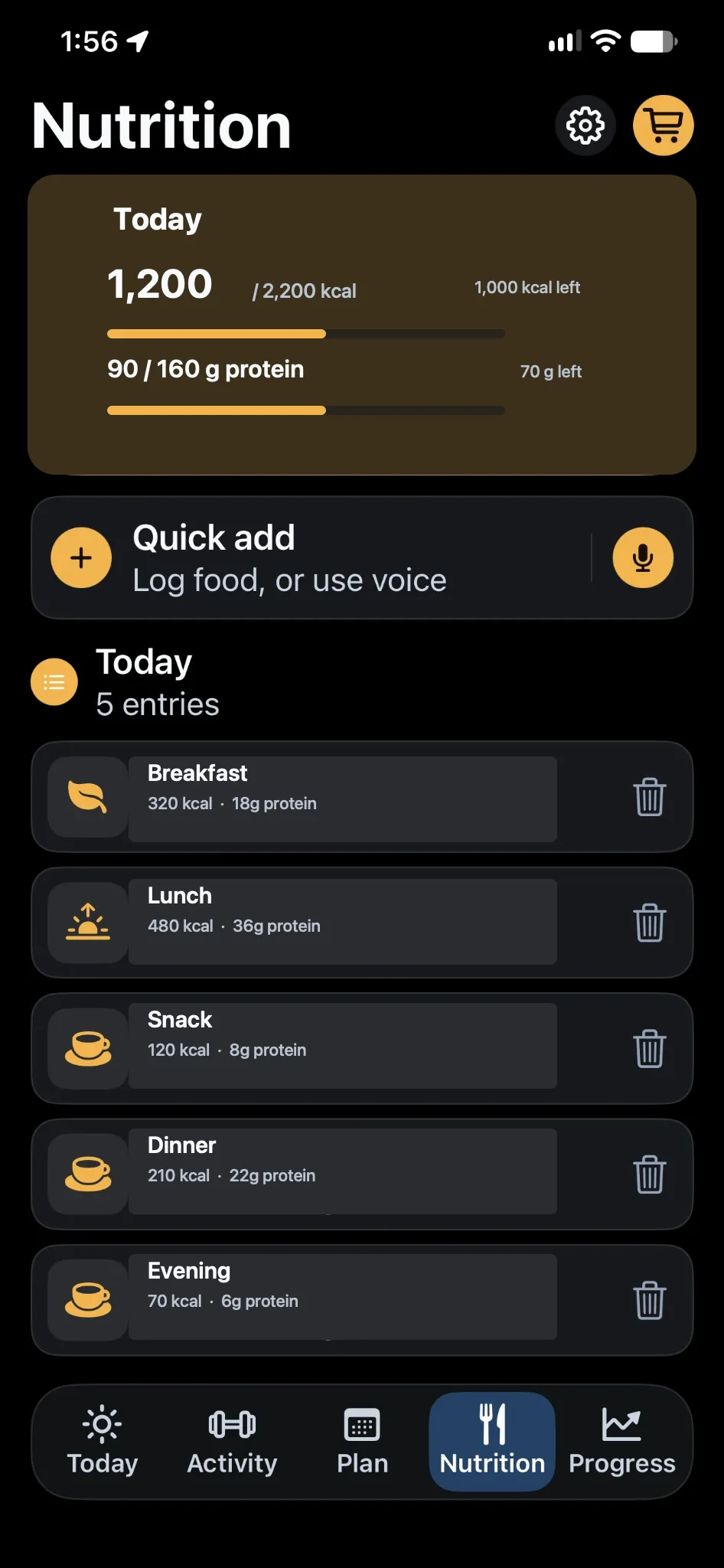 Masis iPhone nutrition screen with example intake, protein, quick add and food entries